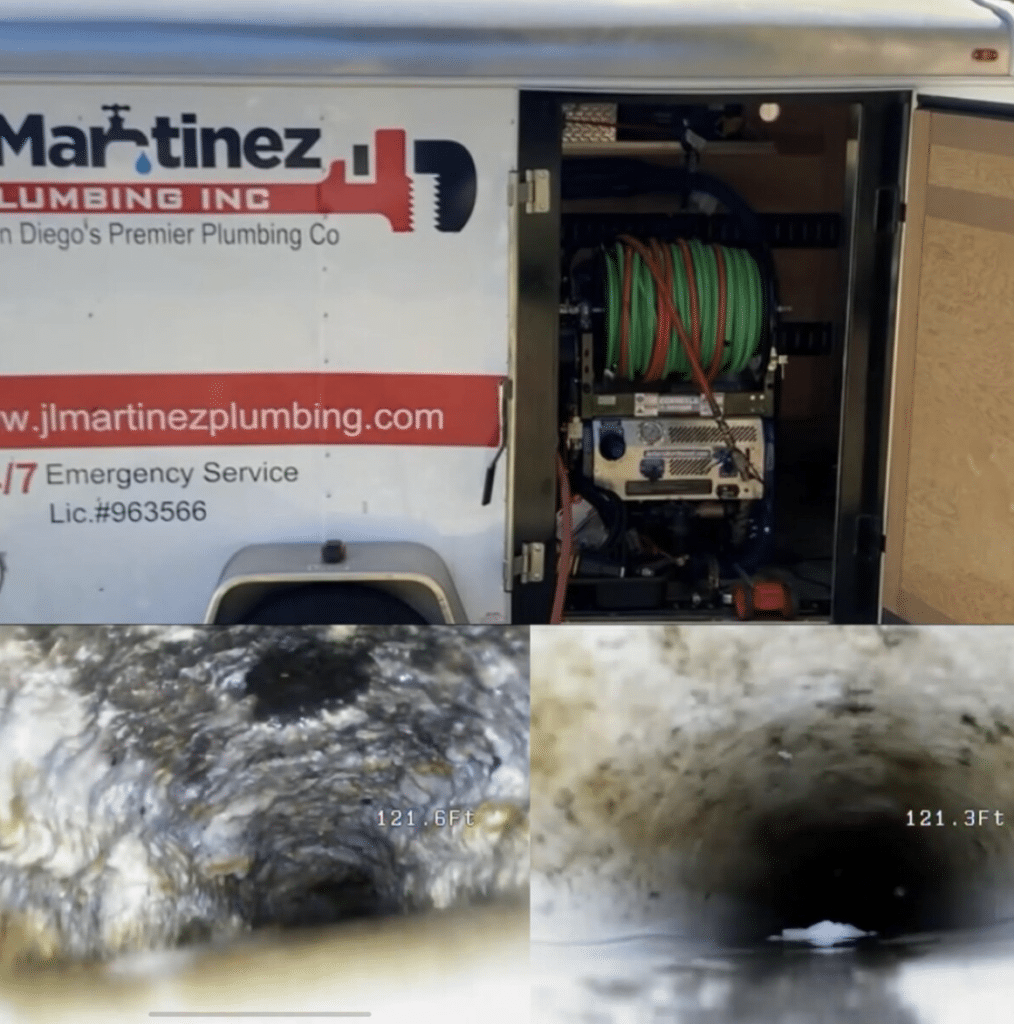 Plumbing service truck with hose reels and a clogged drain inspection view on the side display