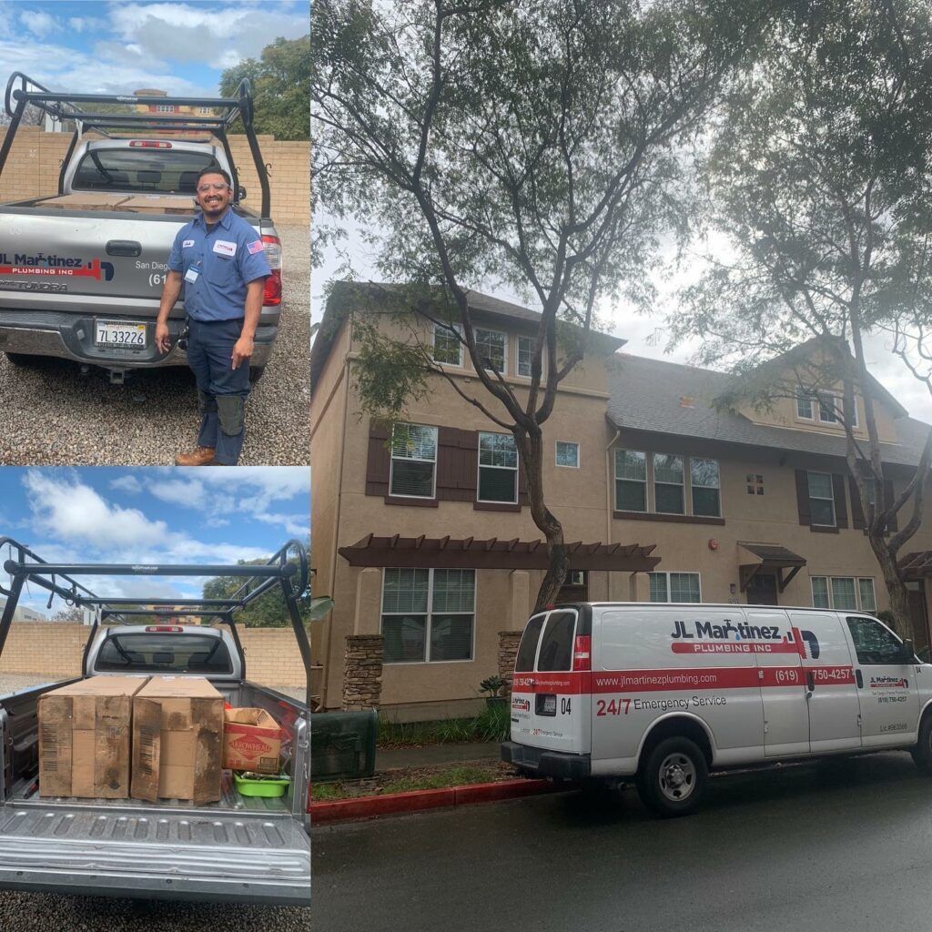 Collage of a moving truck, crew member, and loaded truck outside a building.