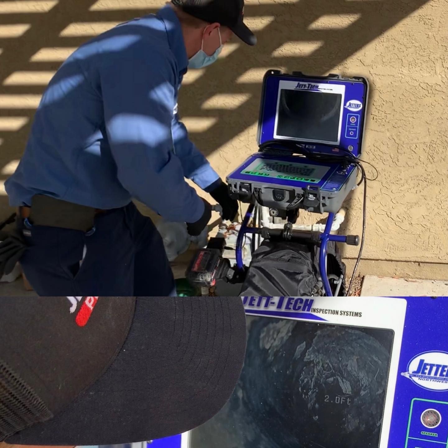 Technician inspects a blue electronics cart outdoors; inset shows a close-up of the device screen and label.
