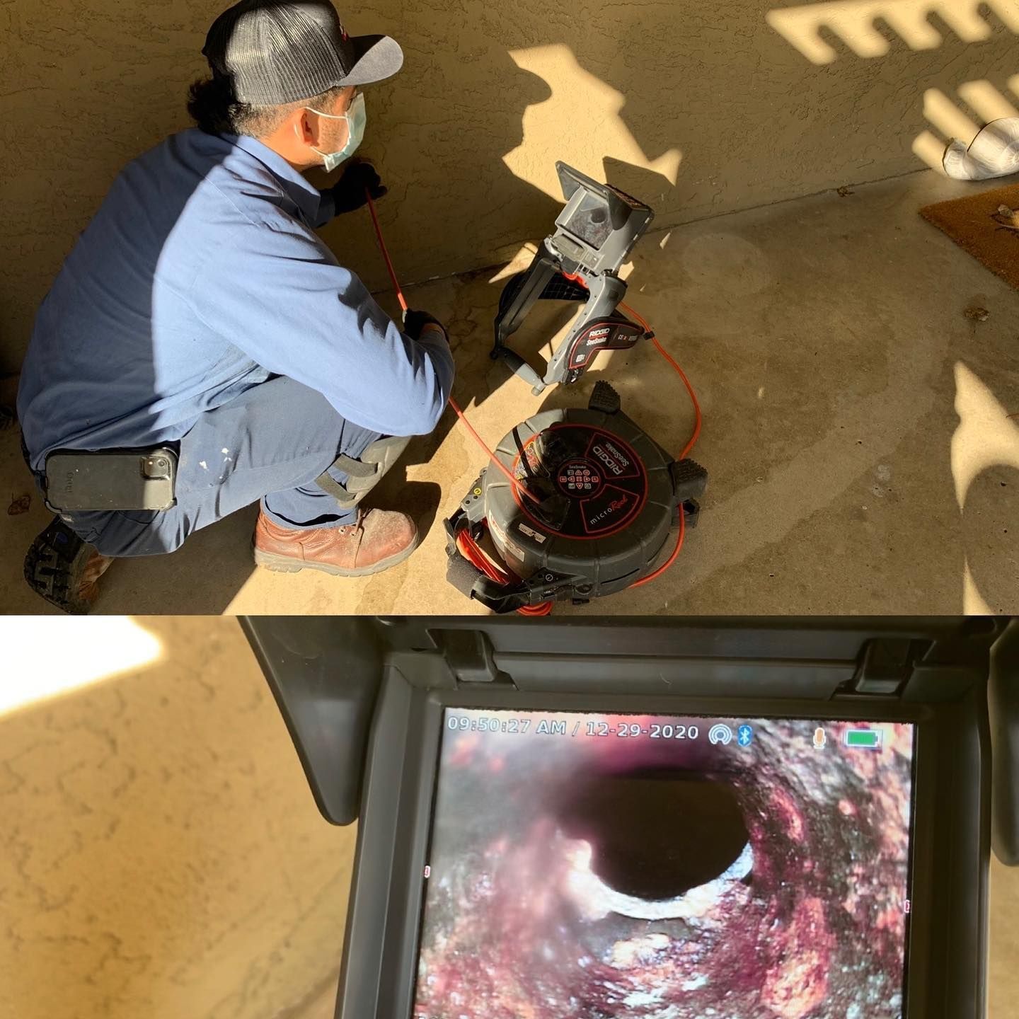 Technician inspecting a pipe interior with a borescope monitor and equipment on the floor
