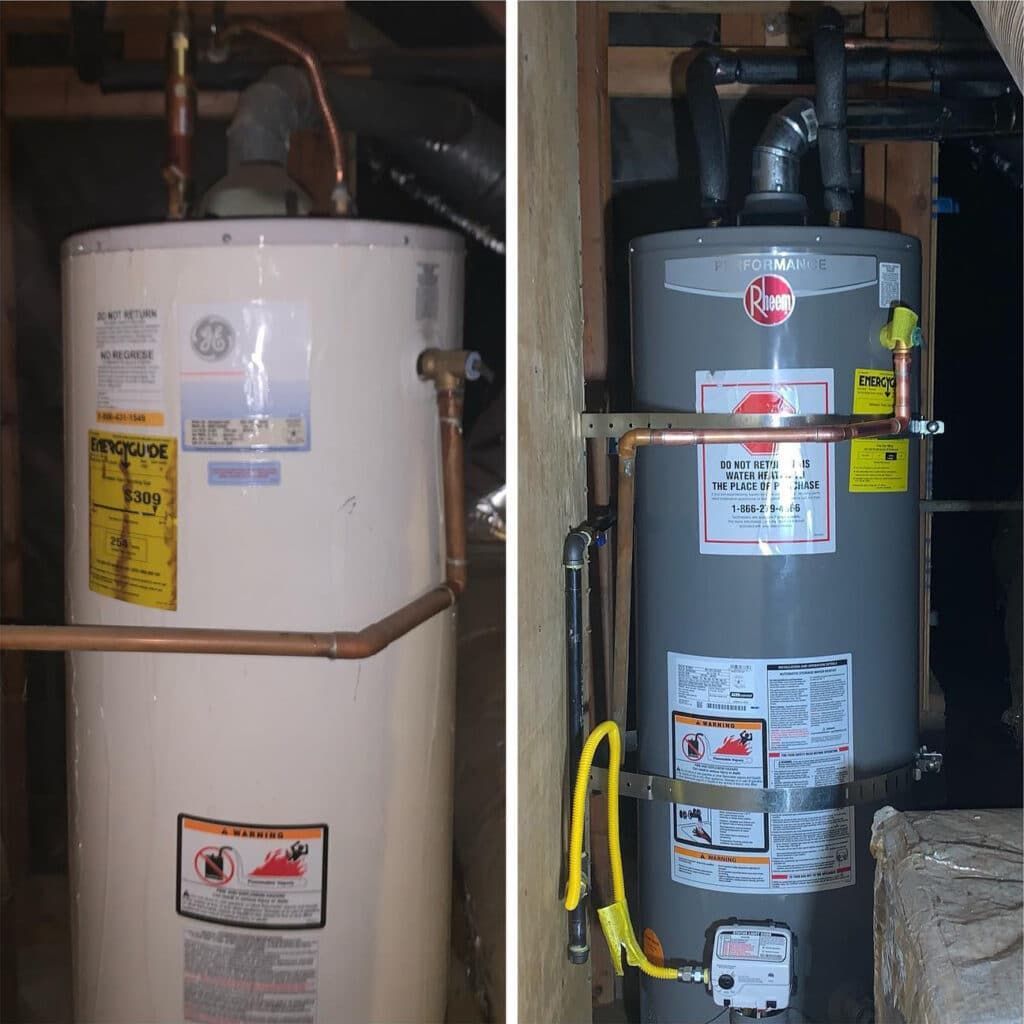 Two water heaters in a basement: a white tank on the left and a gray tank on the right.