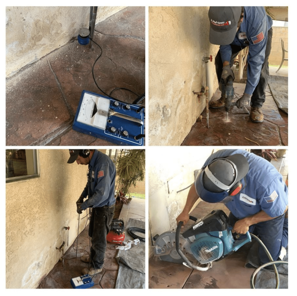 Technicians using blue floor-cleaning equipment to remove water from a wet indoor room, shown in four close-up views