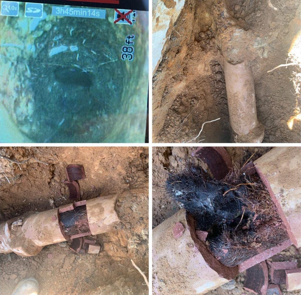 Four-panel view of a buried pipe being exposed, cut, and repaired in a dirt trench.