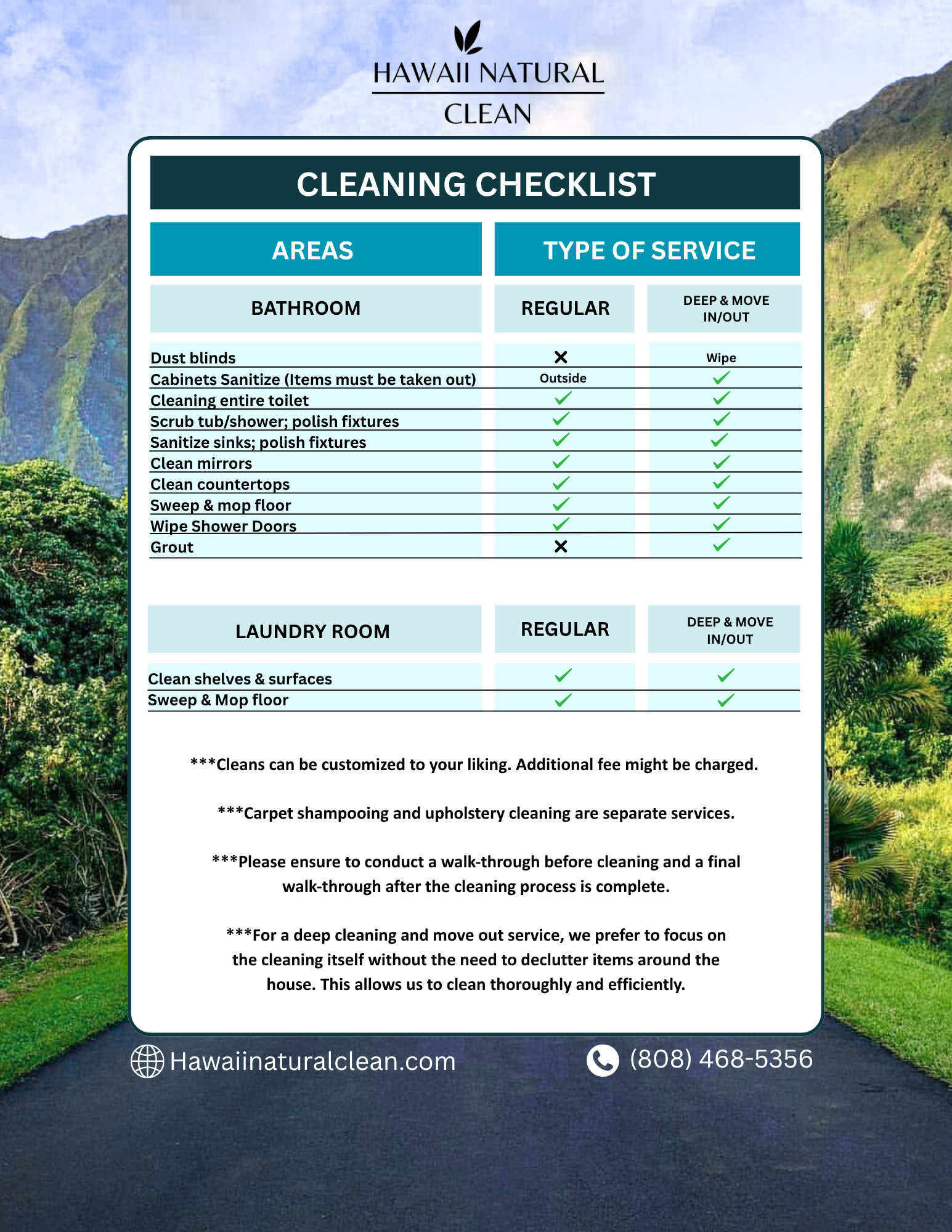 Cleaning checklist for a cleaning service, with checkboxes and mountain backdrop.