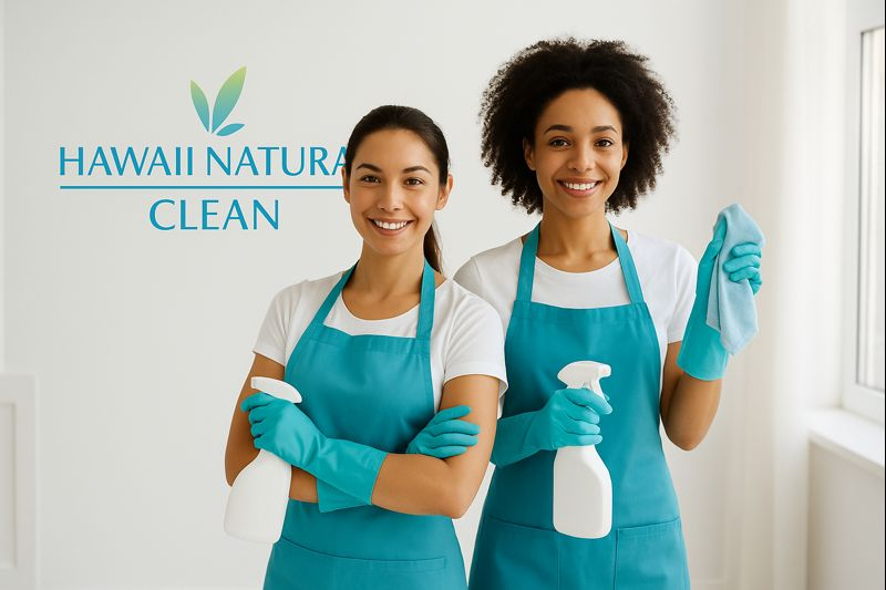 Two cleaners in teal aprons holding spray bottles beside “Hawaii Nature Clean” logo in a bright room