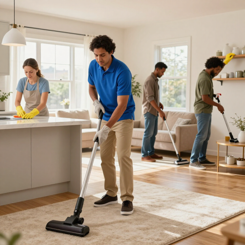 People cleaning a bright living room, vacuuming floors and dusting surfaces.