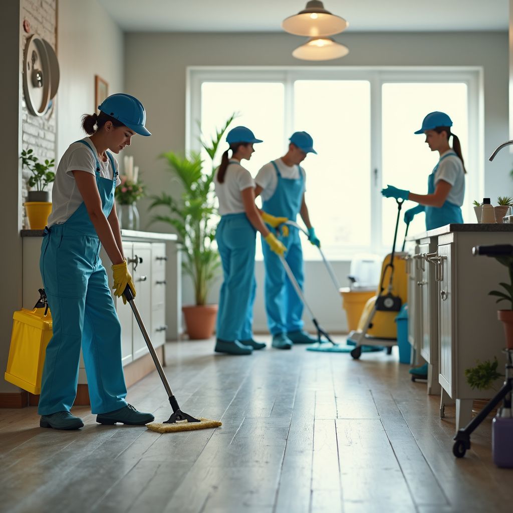 Team of cleaners mopping a bright apartment floor with sunlight streaming through large windows