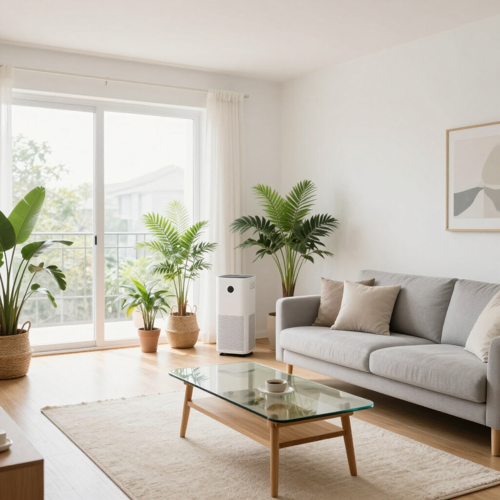 Bright living room with gray sofa, glass coffee table, large window, and potted plants