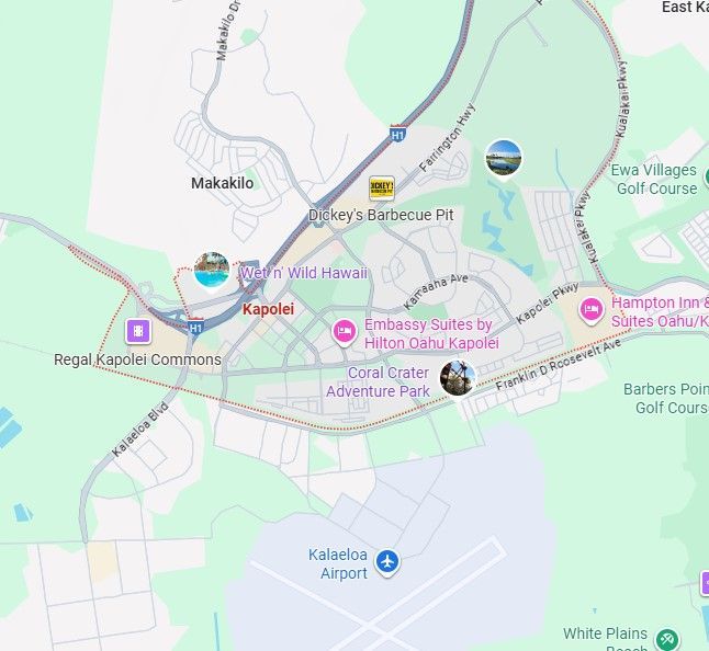 Map of Kapolei, Hawaii, showing roads, buildings, and landmarks like the airport and a BBQ restaurant.