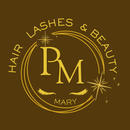 Logo RM dorato per capelli, ciglia e bellezza con il nome Mary su sfondo marrone.