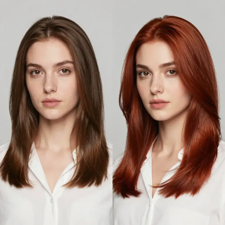Ritratto affiancato di una donna con i capelli castani e della stessa donna con i capelli rossi su sfondo bianco.
