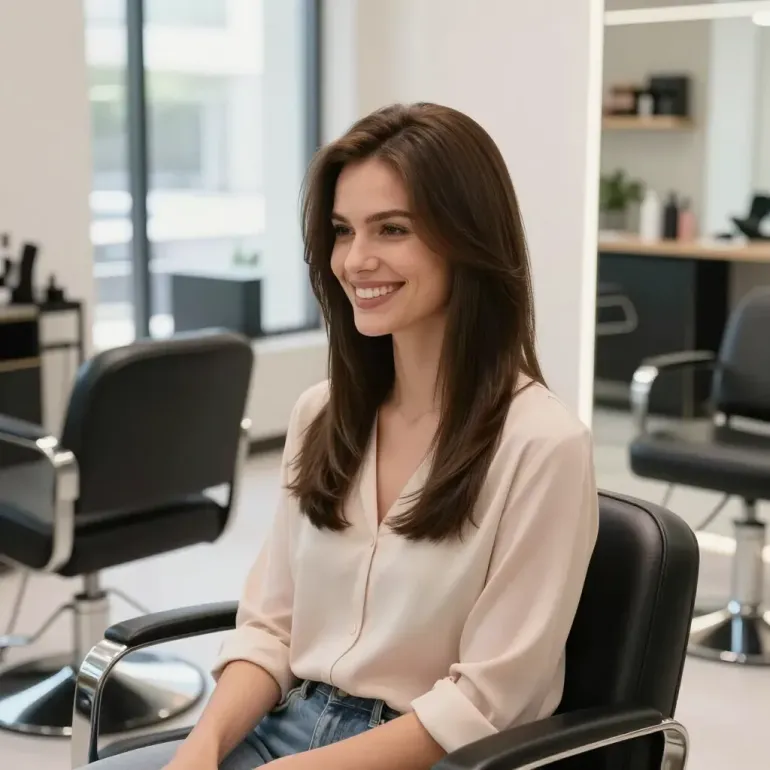 Donna sorridente con una camicetta beige seduta su una moderna poltrona da ufficio.
