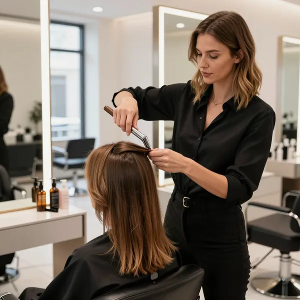 Un parrucchiere taglia i capelli a una cliente in un salone moderno.
