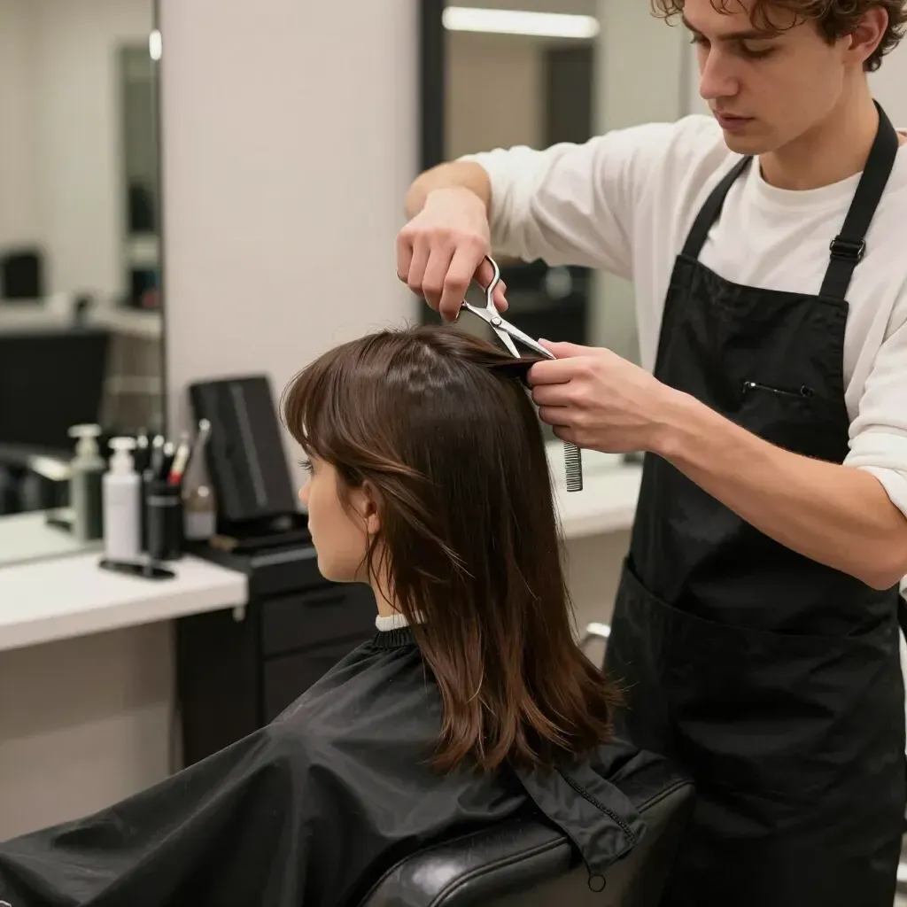 Parrucchiere che taglia i capelli a una cliente in un salone, con indosso un grembiule nero.