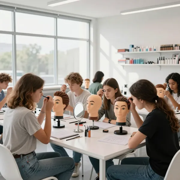 In un'aula luminosa, delle studentesse di estetica si esercitano a tagliare i capelli su teste di manichino.