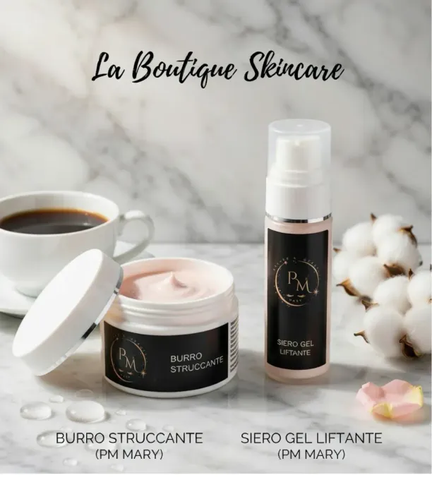 Prodotti La Boutique Skincare: vasetto di scrub al caffè e siero viso su marmo con tazza e boccioli di cotone.