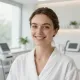 Una persona sorridente in camice bianco si trova in un luminoso ambulatorio, con attrezzature mediche sullo sfondo.