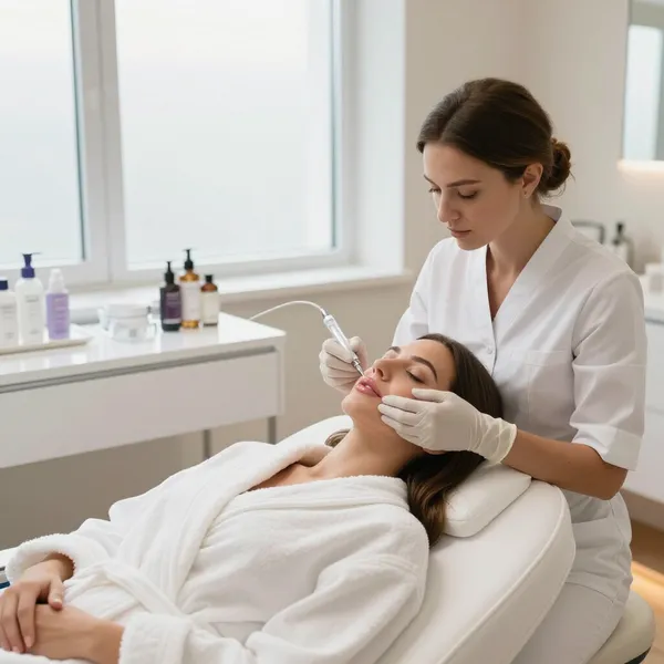 Un'estetista applica un trattamento viso a una cliente sdraiata in una luminosa sala spa.