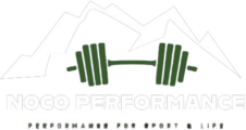 A logo for a gym with a dumbbell and mountains in the background.