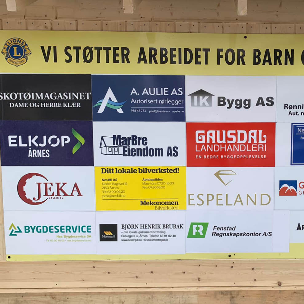 Oversikt over lokale bedrifter som støtter Lions Club, A. Aulie AS blant dem