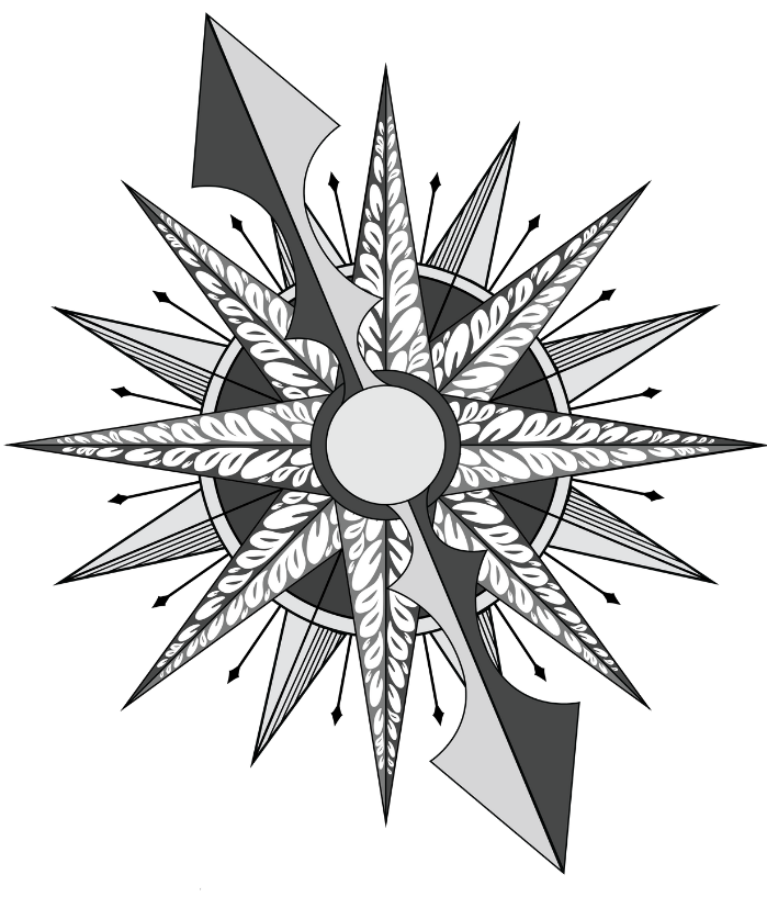 A black and white drawing of a compass with a white center