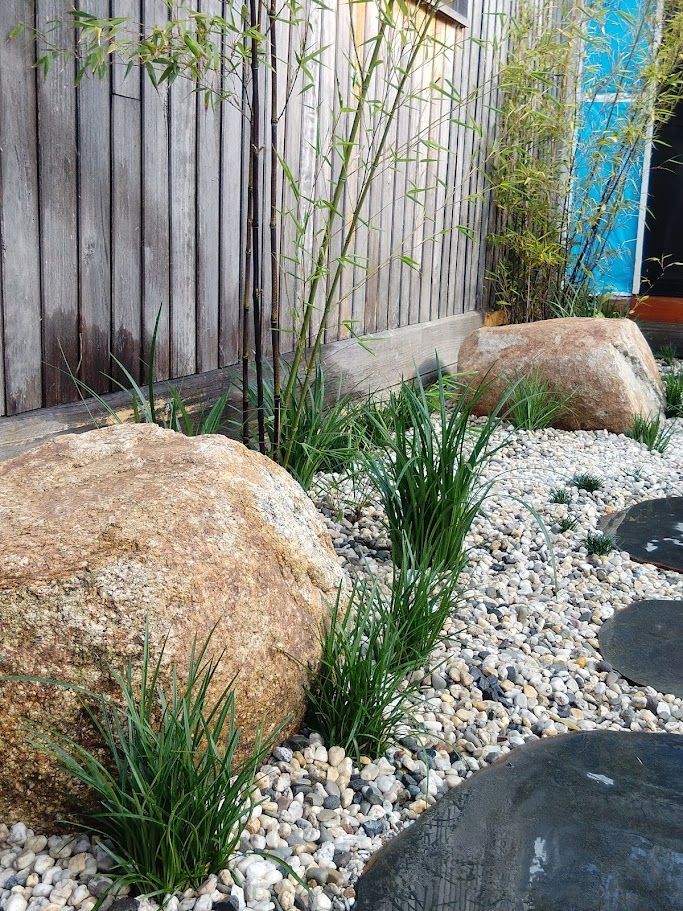 There are a lot of rocks and plants in the garden.