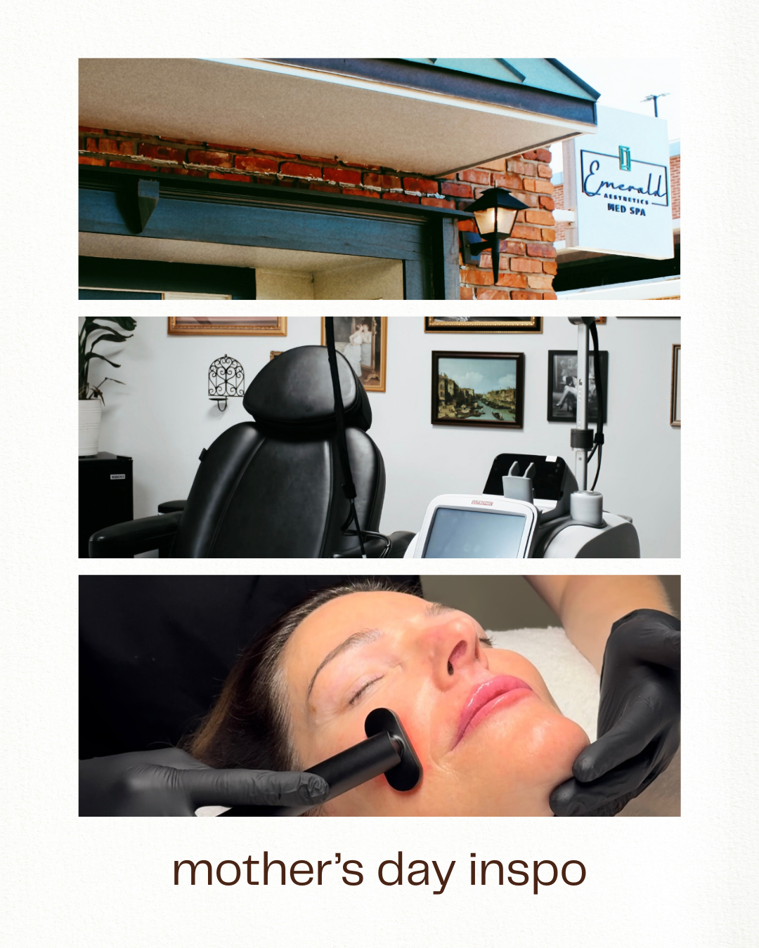 Collage of a beauty salon storefront, treatment room, and facial treatment labeled “mother’s day inspo”