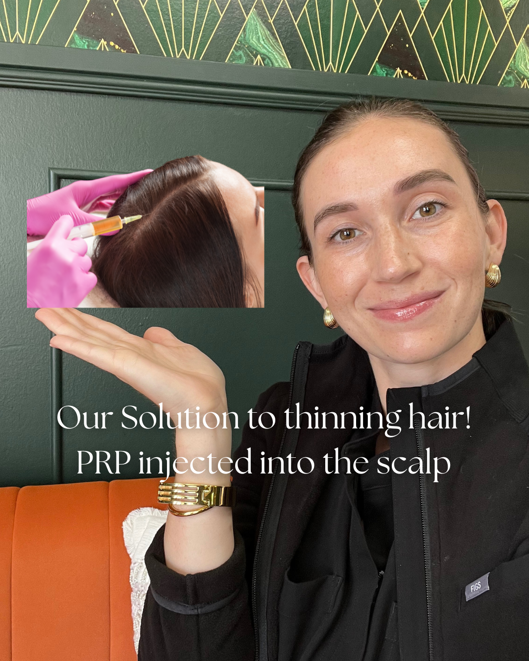 Woman gesturing beside scalp injection inset with text: “Our Solution to thinning hair: PRP injected into the scalp.”