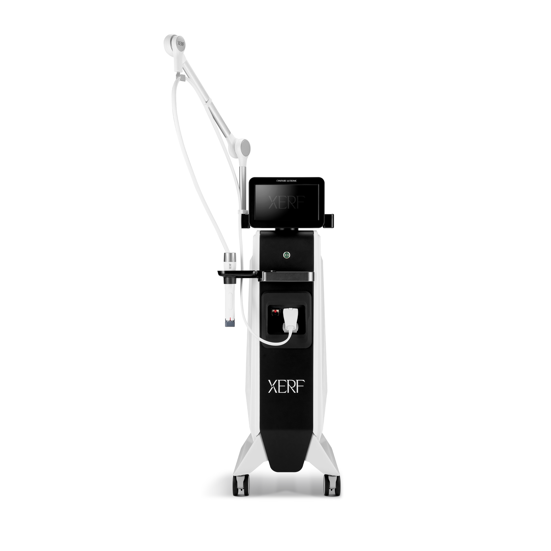 White cosmetic/medical device with a black touchscreen on a stand, isolated on a white background