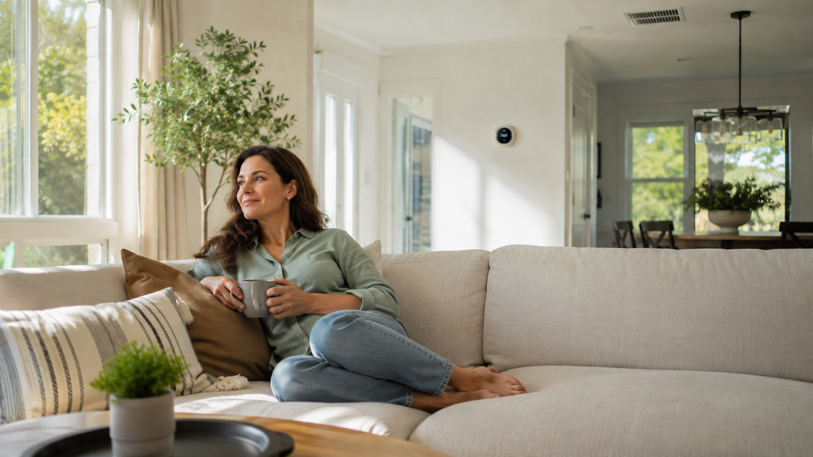 Homeowner relaxing comfortably in a bright living room after receiving professional residential HVAC repair service