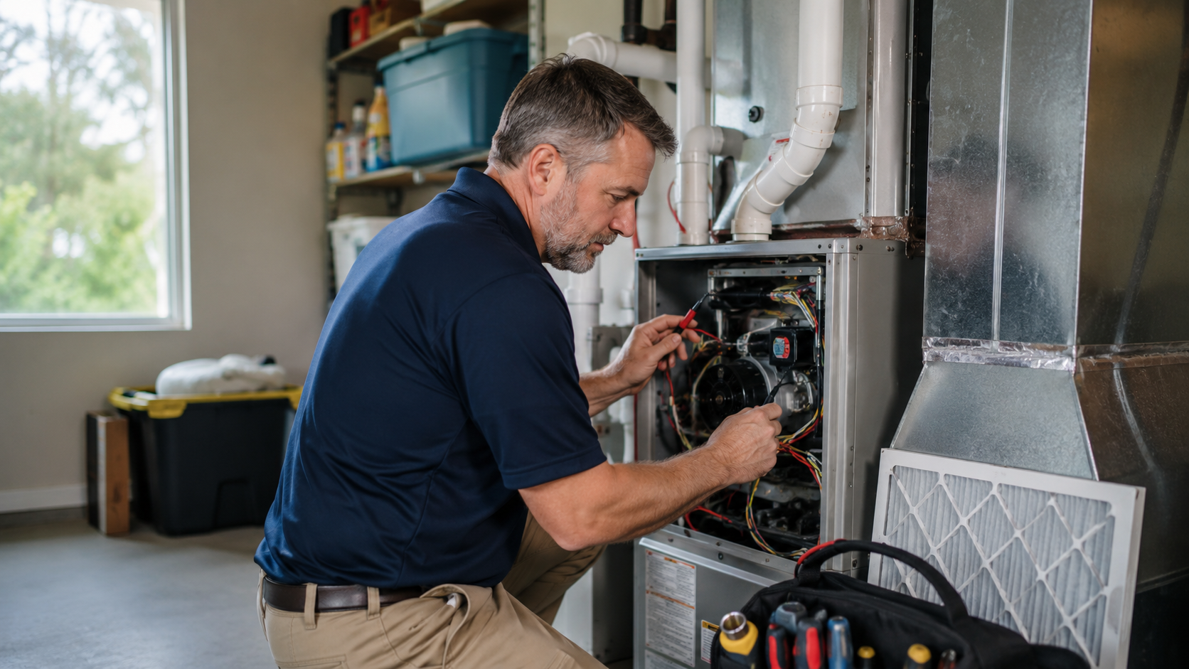HVAC technician performing furnace maintenance and inspecting heating and cooling equipment in a residential utility room