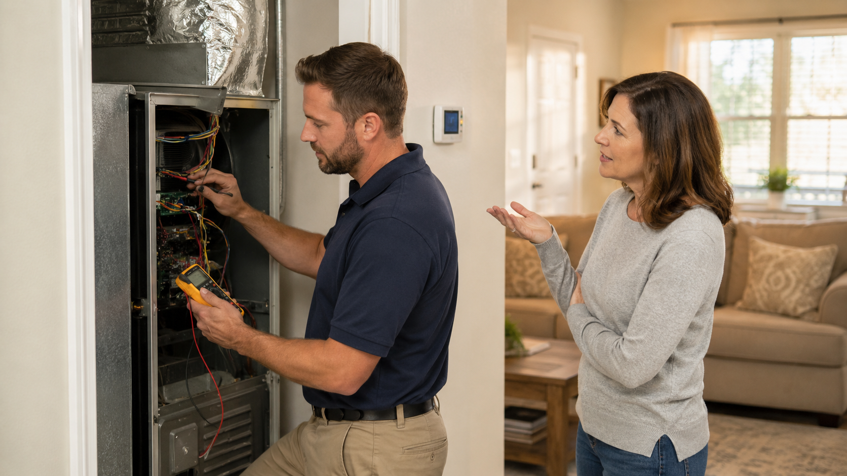 HVAC technician diagnosing a residential air conditioning system while discussing repairs