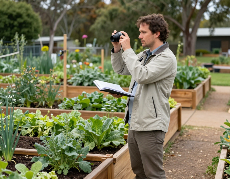 A volunteer with a camera and notebook photographing a community garden