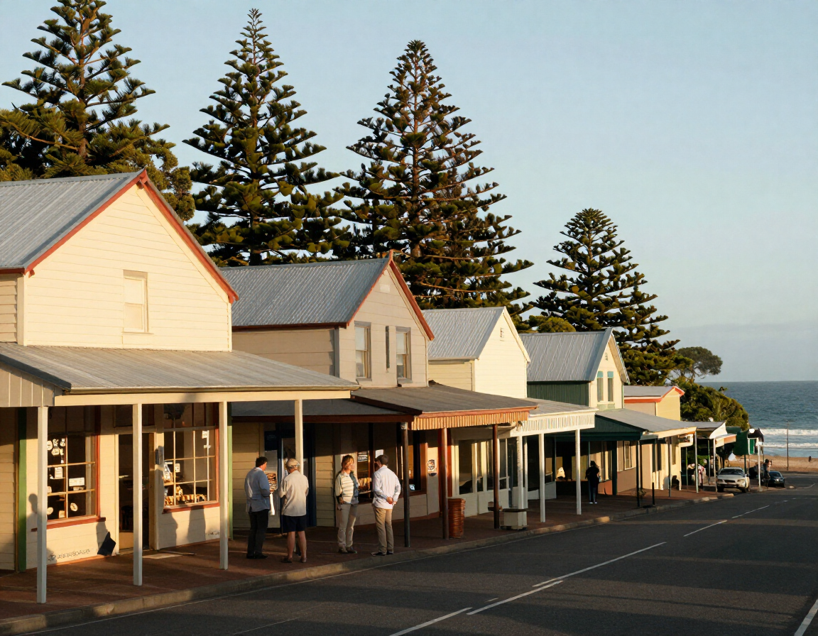 A small coastal town main street in morning light