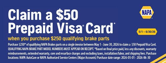 Blue NAPA rebate ad offering a $50 prepaid Visa card for qualifying brake pads purchase