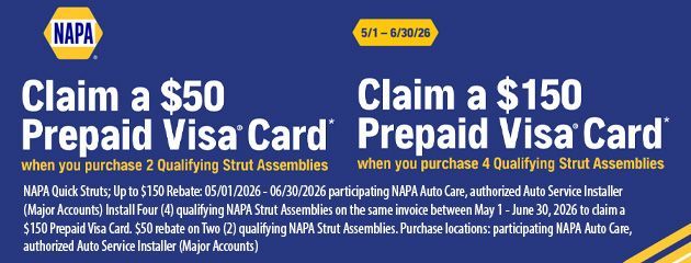 NAPA promo banner: “Claim a $50 Prepaid Visa Card” and “Claim a $150 Prepaid Visa Card” on a blue background