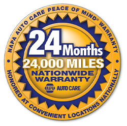NAPA Auto Care warranty badge: 24 months/24,000 miles nationwide, honored at convenient locations