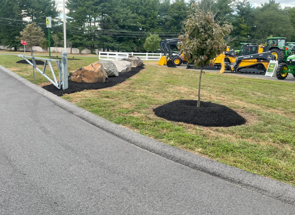 A roadside landscaping with a tree, black mulch, rocks, a white fence, and heavy machinery in the background.
