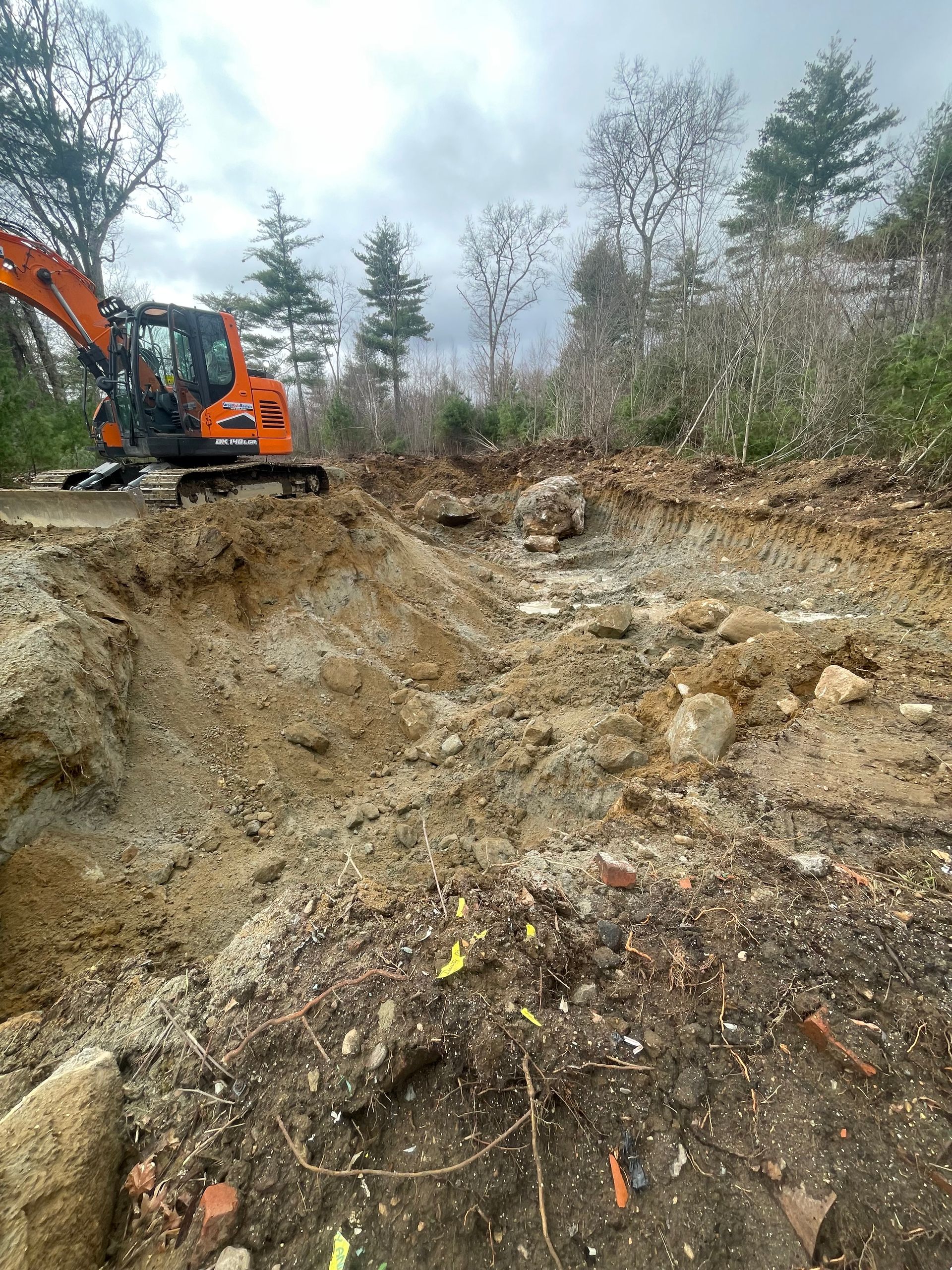An excavator digs into a muddy hillside, clearing space for construction. Gray sky, trees in the background.