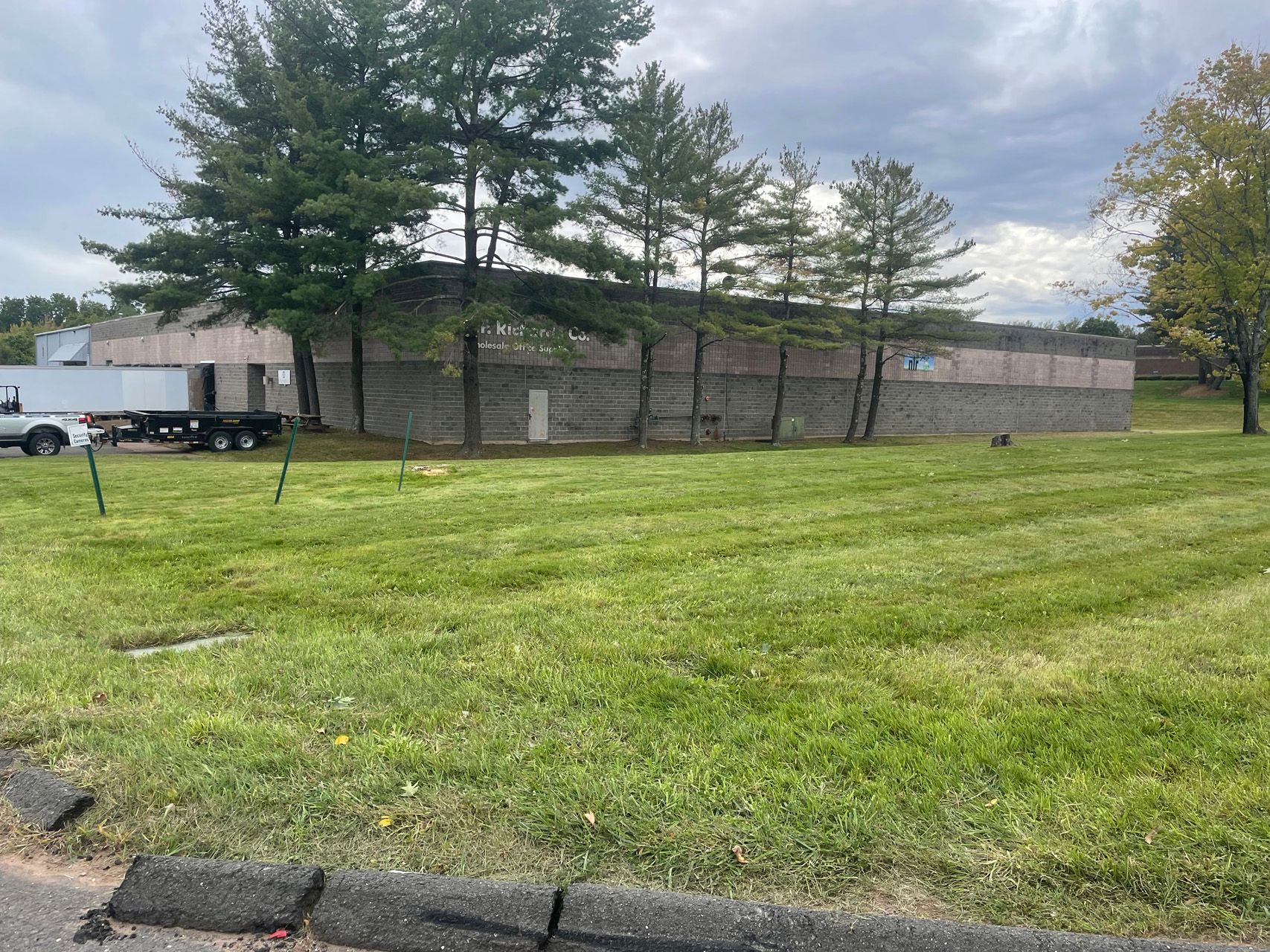 Grassy field beside a long wooden fence and tall pine trees under a cloudy sky