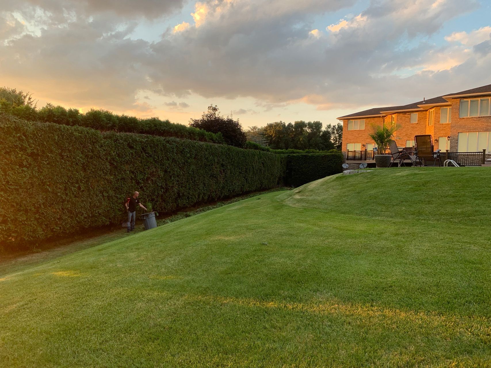 Sunlit grassy lawn beside a tall hedge, with two people near the hedge and a house at sunset.