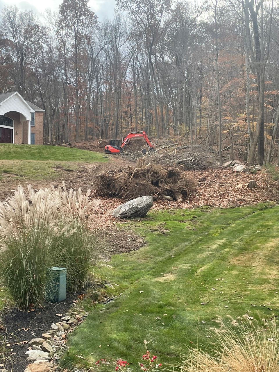 Backyard hillside with a red excavator clearing brush beside a wooded area and lawn
