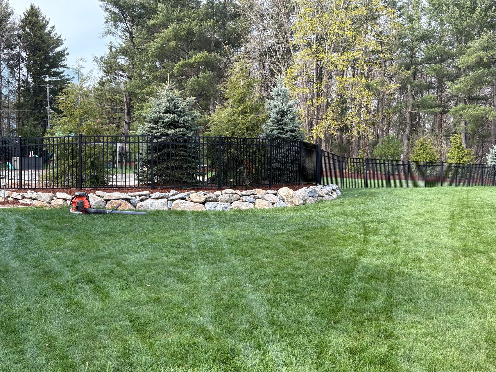 Backyard lawn with raised stone garden bed, black fence, and trees in the background