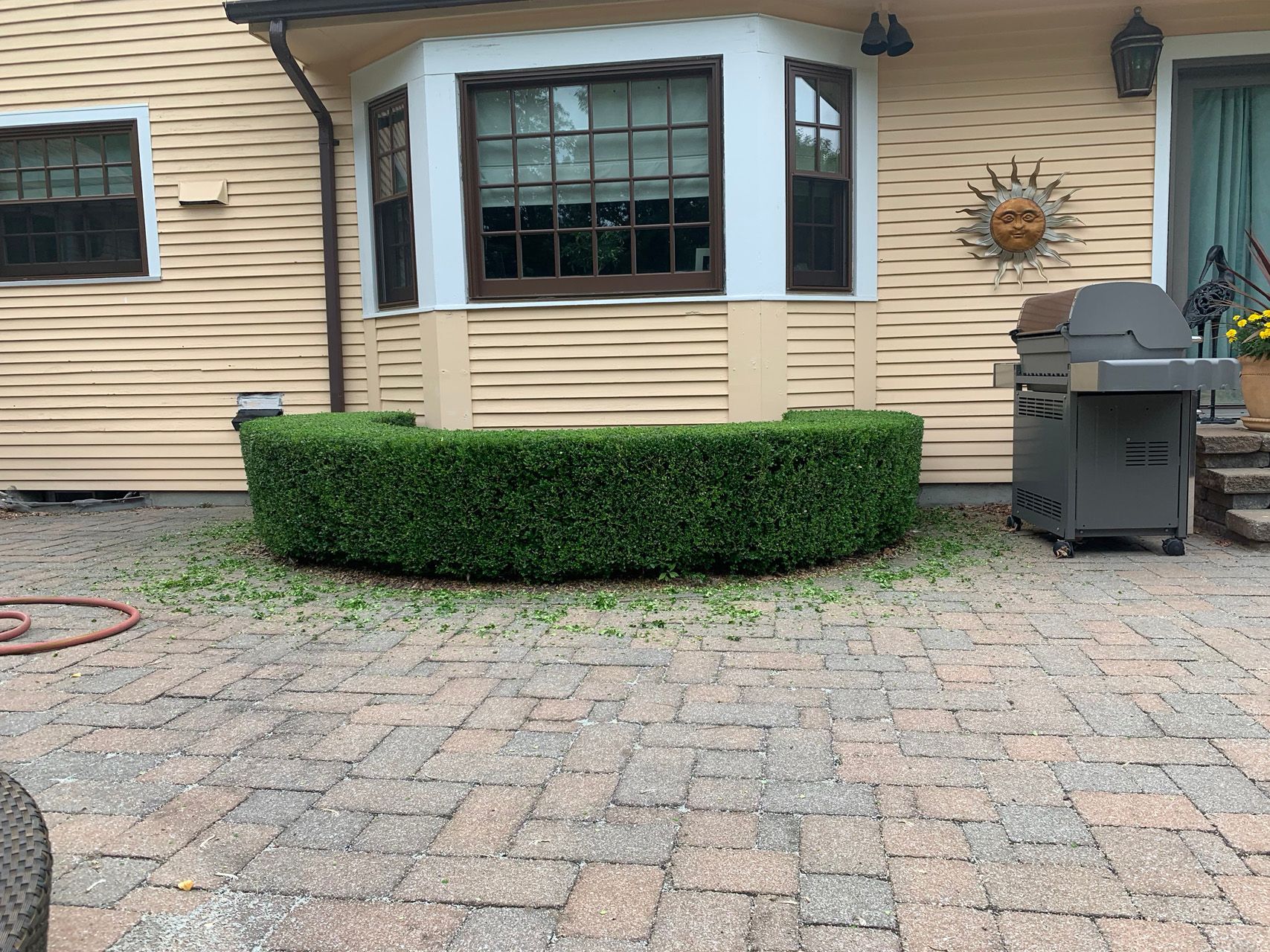 Stone patio in front of a beige house with bay window, trimmed hedge, grill, and blue door