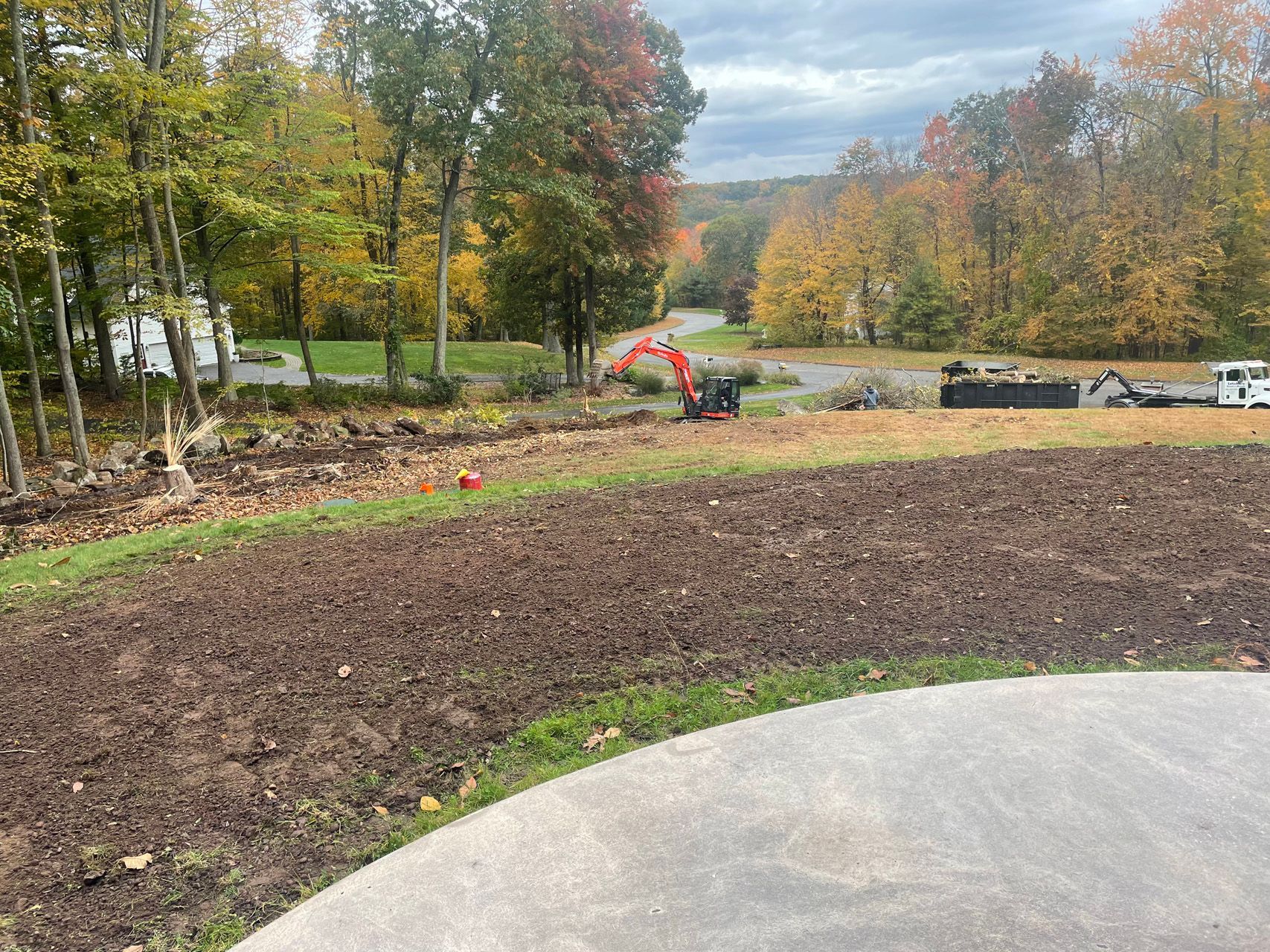 Landscape with fresh mulch, trees, a small red excavator, and a curved concrete edge in the foreground