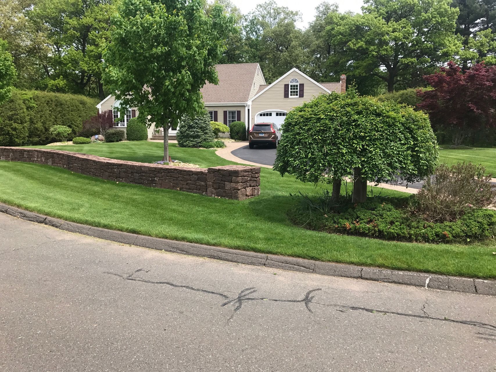 Suburban house with a driveway, green lawn, trees, and trimmed hedges along a quiet street.