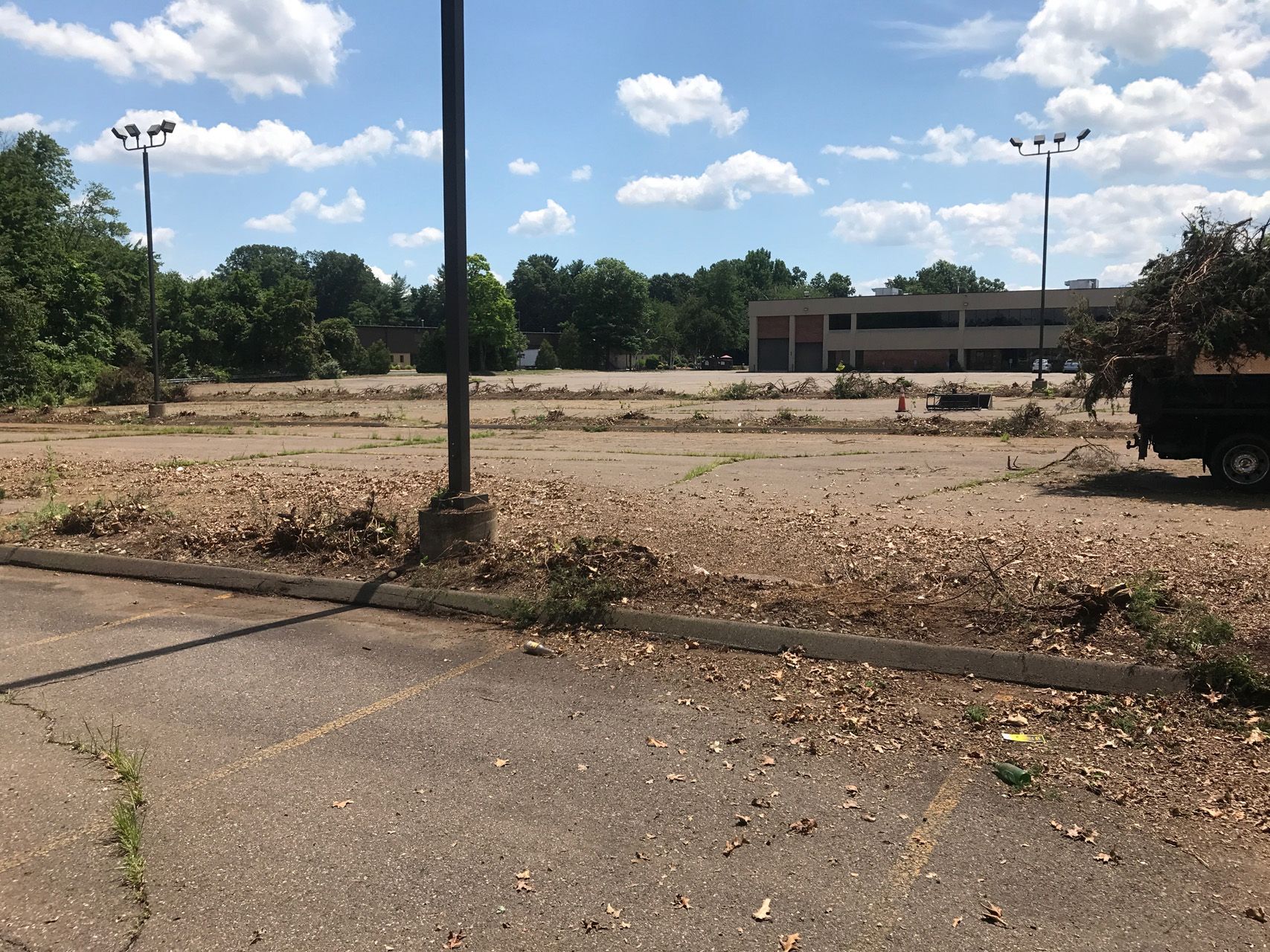 Empty parking lot with cracked pavement, lamp posts, trees, and a low building under a partly cloudy sky