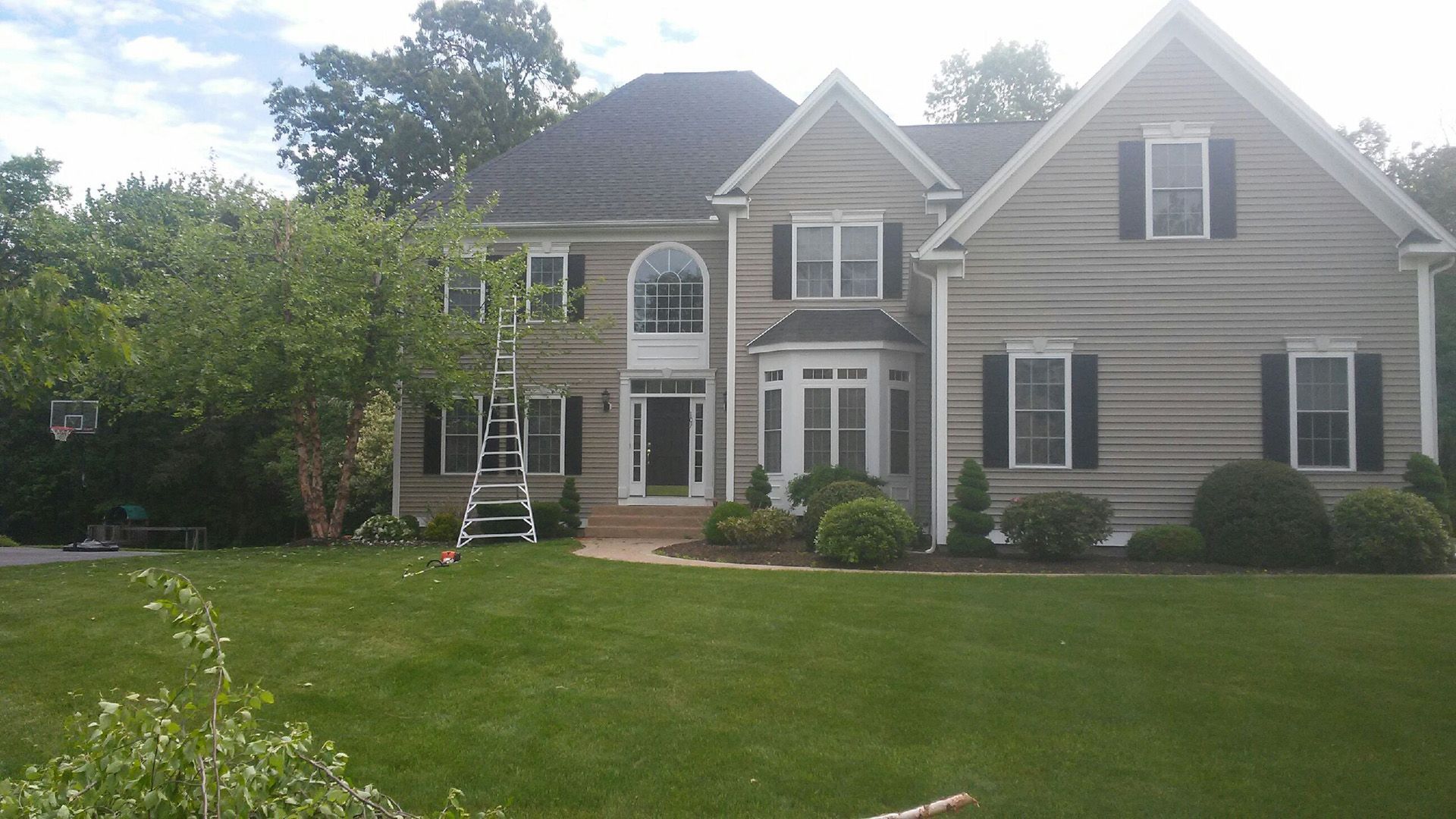 Suburban two-story beige house with white trim, a front lawn, trees, and a curved driveway.