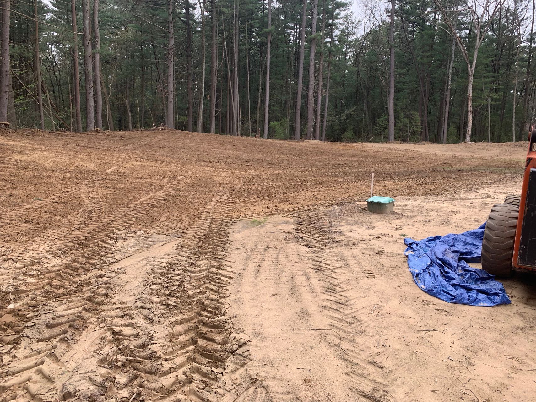 Cleared dirt lot beside a pine forest, with tire tracks, a blue tarp, and part of an orange machine.