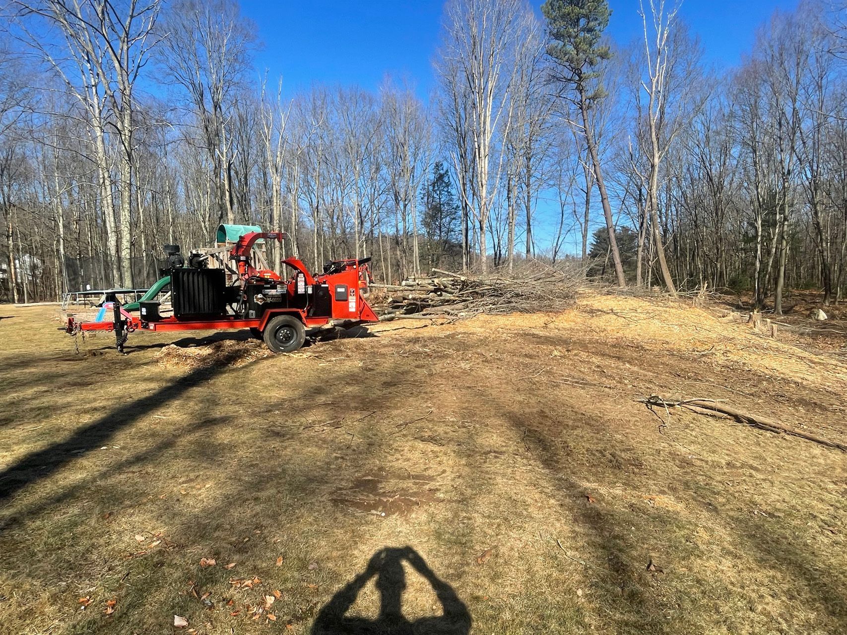 Red wood chipper on a grassy clearing beside leafless trees under a bright blue sky
